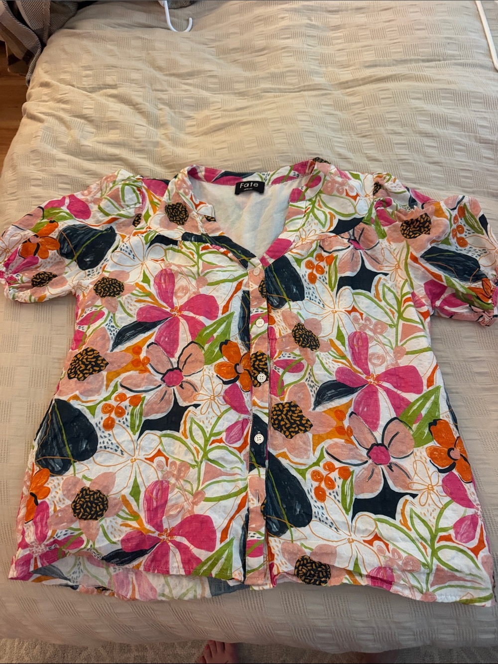 Fate Floral Button-Front Top - Pink, Orange, Green, Navy